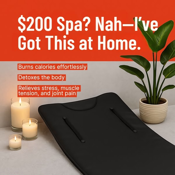 A high-contrast advertisement for an infrared sauna mat that emphasizes home-based convenience versus expensive professional spa visits.