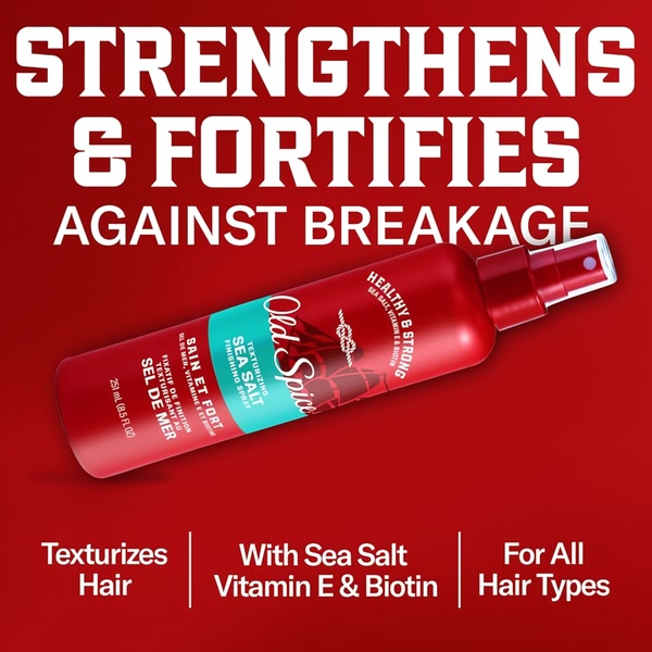 A high-impact 1:1 square graphic showcasing a hair texturizing spray using a bold, red-dominant color palette to highlight product benefits.