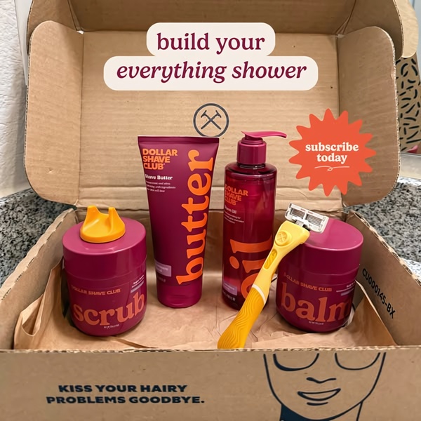 A flat-lay photograph of a shaving kit subscription box featuring branded razors, oils, balms, and scrubs, complete with clear text-based conversion hooks.
