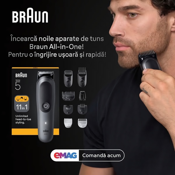 A feature-focused ad displaying a trimmer and its attachments alongside a user demonstrating the product on their facial hair.