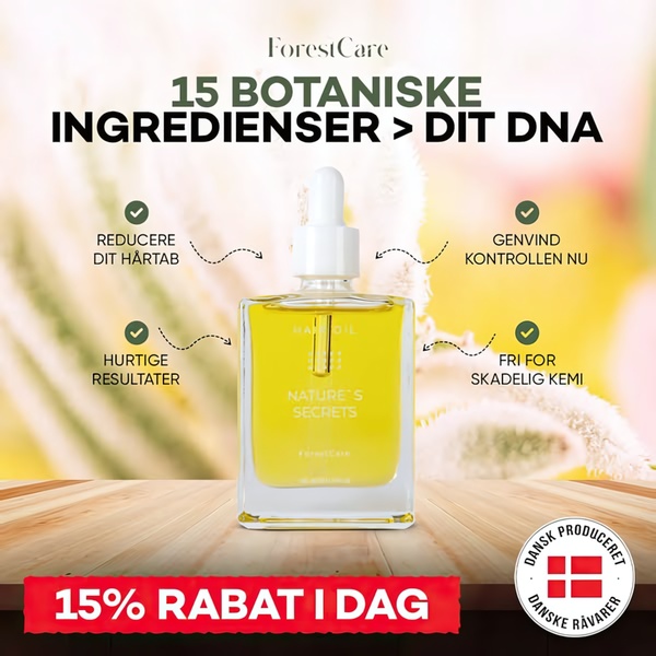 A square ad creative for hair oil that uses a clean product-centered layout with bulleted benefits and a clear 15% discount call to action.