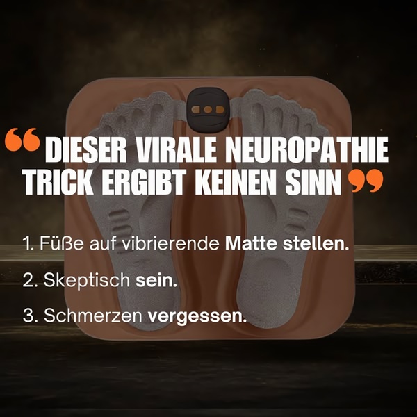 A minimalist, text-heavy square ad creative for a vibrating foot mat that utilizes a contrarian hook to pique interest in neuropathy pain relief.