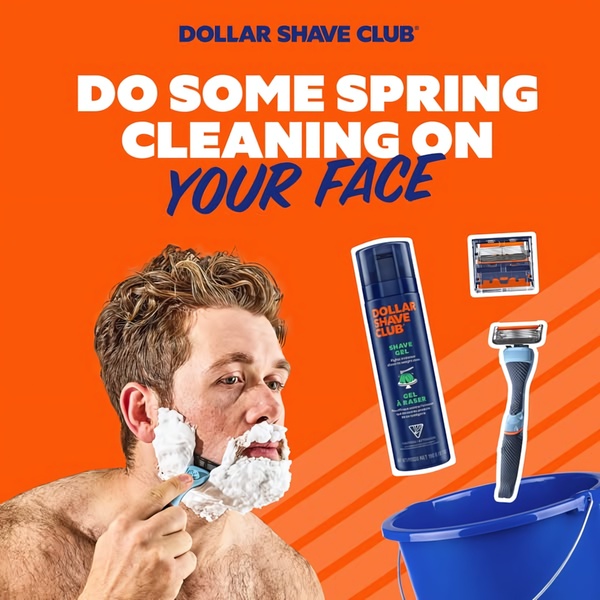 A man uses a razor and shaving gel with a bright orange background and bucket icon to create a seasonal spring cleaning theme for personal care.