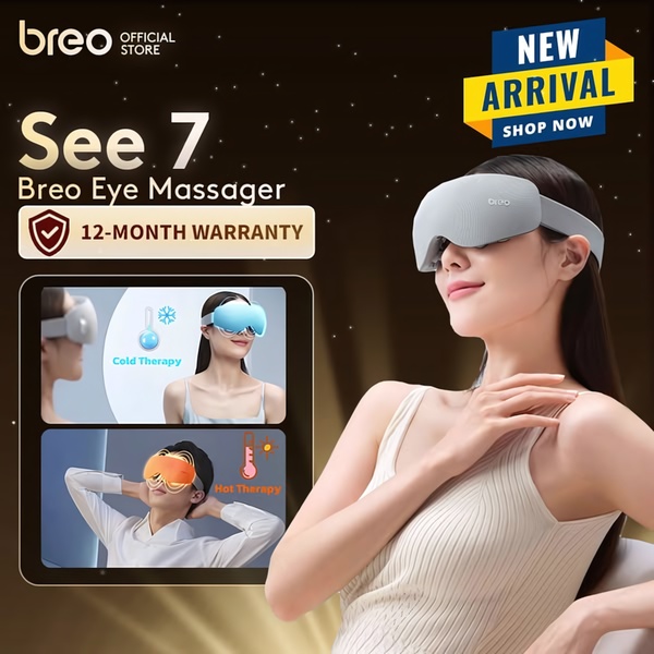 A square ad creative highlighting the cold and hot therapy modes of an eye massager, utilizing a split-panel comparison to showcase product utility.
