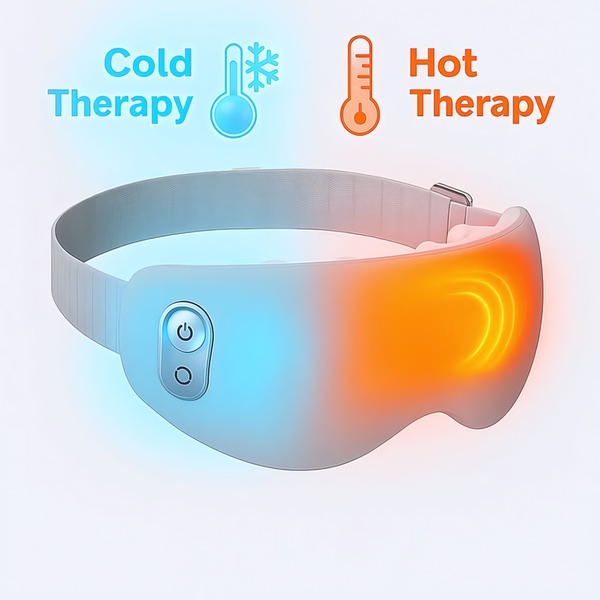 A clean, minimalist product shot of a heated eye massager that uses color-coded zones to clearly communicate the dual cold and hot therapy features.