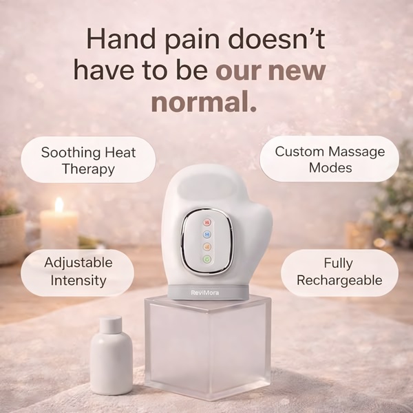 A clean, minimalist 1:1 image featuring a hand massager with call-outs for key product features in a soft, soothing environment.