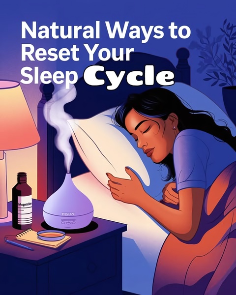 An illustration-based creative showing a person peacefully sleeping next to an aroma diffuser, positioning the product as a natural sleep aid.