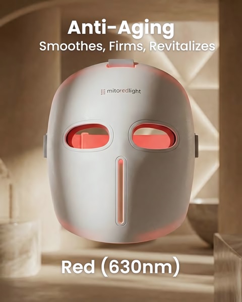 led face mask, light therapy mask, red light therapy device, facial led mask, anti-aging mask, led skincare device, phototherapy mask, product launch, minimalist, luxurious, trustworthy, neutral, red