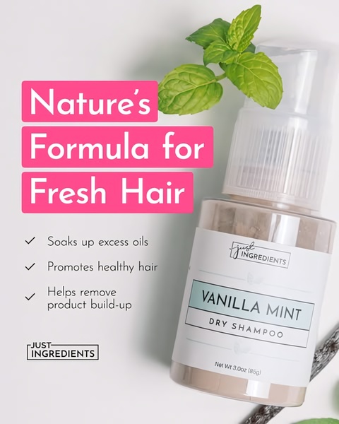 A clean, minimalist product shot of dry shampoo bottle surrounded by fresh mint leaves, featuring a high-contrast headline and a bulleted list of product benefits.