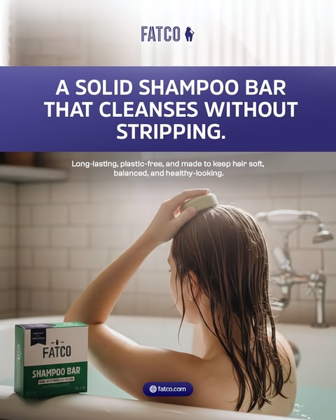 A 4:5 lifestyle ad creative showcasing a Shampoo Bar being used in a bathroom setting with clear, bold typography highlighting product benefits.