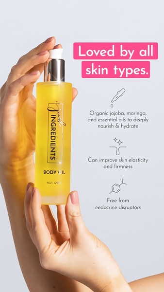 body oil, skin oil, moisturizing oil, body moisturizer, skincare oil, social proof, product launch, minimalist, trustworthy, fresh, yellow, pink, neutral