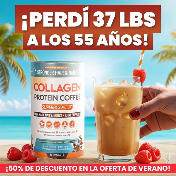 A square ad format featuring a weight loss testimonial text overlaying a high-quality product shot of collagen coffee in a beach-themed setting.