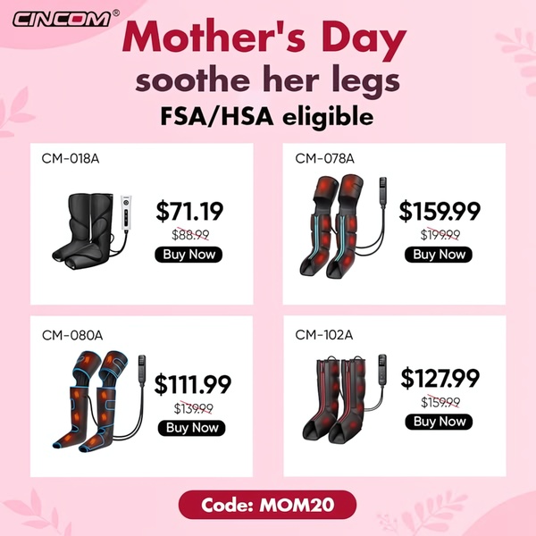 This ad creative uses a grid layout to showcase four different leg massager models with discounted pricing and a clear promotional code for holiday gifting.