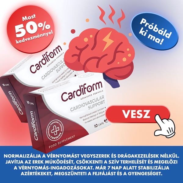 A square ad creative featuring a stylized red brain, product packaging for Cardiform, and a clear 50% discount call-to-action.