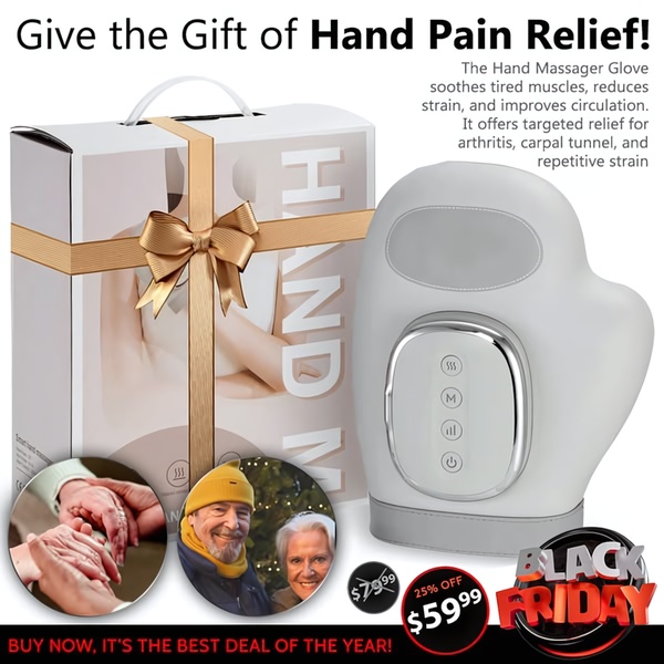 This 1:1 creative features a hand massager glove displayed as a gift, emphasizing holiday sales with a clear Black Friday price incentive.
