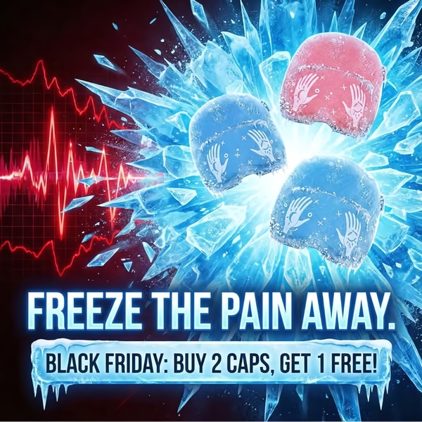 A high-contrast, ice-themed promotional graphic featuring relief caps surrounded by ice shards and a medical heartbeat line to emphasize pain relief.