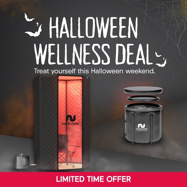 A promotional ad featuring an infrared sauna and an ice bath set against a moody Halloween background with festive bat and spiderweb graphics.