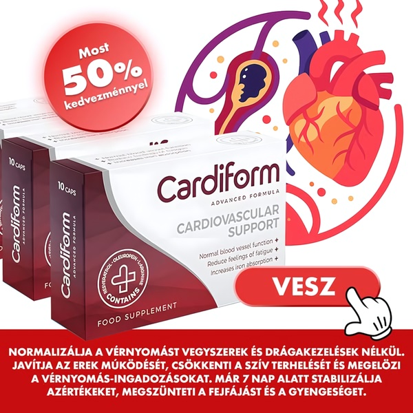 A square ad creative featuring two product boxes with a clear 50% off discount badge and an anatomical heart diagram used to illustrate health benefits.