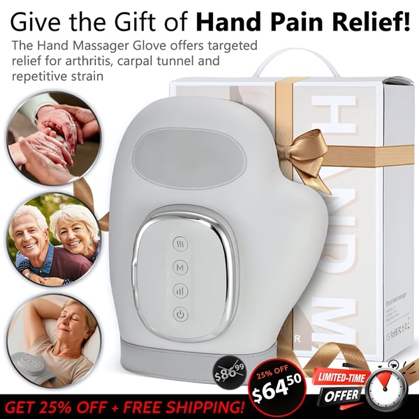 A clean, offer-led ad creative featuring a hand massager glove with social proof and a clear, time-sensitive discount incentive.