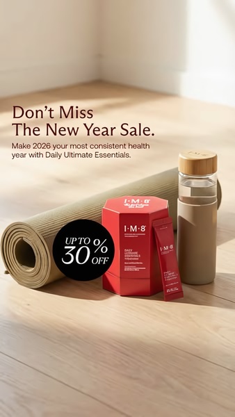A clean, minimalist 9:16 vertical ad featuring Daily Ultimate Essentials supplement products alongside a yoga mat and water bottle to emphasize a wellness lifestyle.