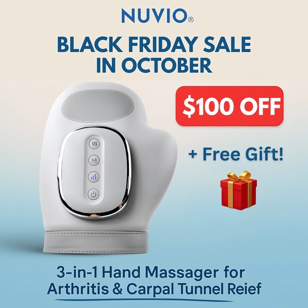 A square-format static ad highlighting a seasonal price drop and free gift for a hand massager focused on arthritis and carpal tunnel relief.