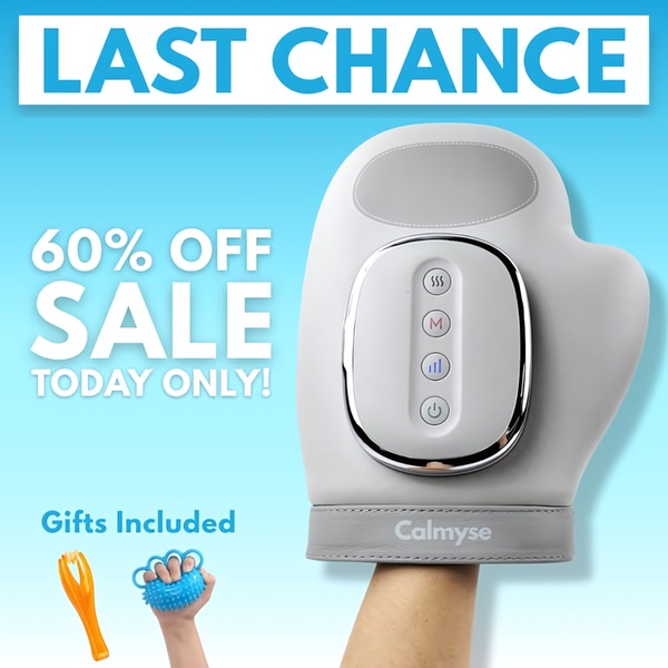 A high-urgency offer ad featuring a Hand Massager with clear text callouts, product imagery, and visual cues for included gifts.