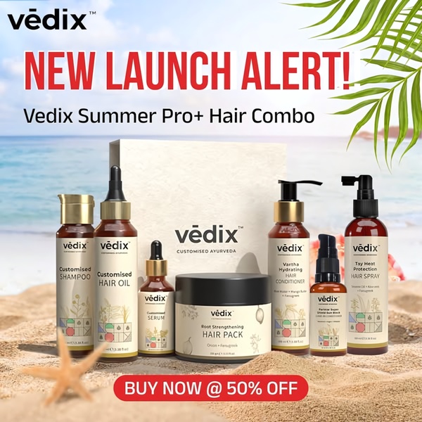 This 1:1 square ad showcases a complete hair care product bundle on a sandy beach setting, highlighting a 50% discount offer.