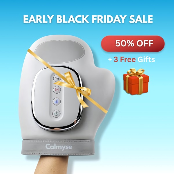 This square ad creative features a promotional 50% discount and bundle offer for a handheld massager, utilizing a clean, gift-wrapped presentation.