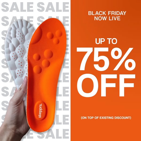 A high-contrast 1:1 square ad for shoe insoles highlighting a significant Black Friday discount with a clear, direct offer.