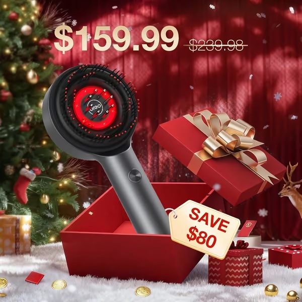 A festive, holiday-themed product showcase for a hair dryer brush that highlights a significant price reduction using a gift box presentation.