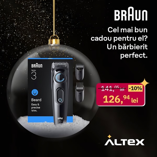 A festive 1:1 square ad featuring a Braun Series 3 beard trimmer inside a Christmas ornament with a clear discounted price offer.
