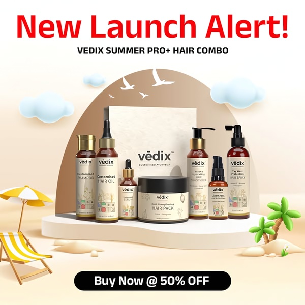 A 1:1 ratio promotional graphic for a hair care set, featuring a summer beach-themed background and a prominent 50% discount offer.