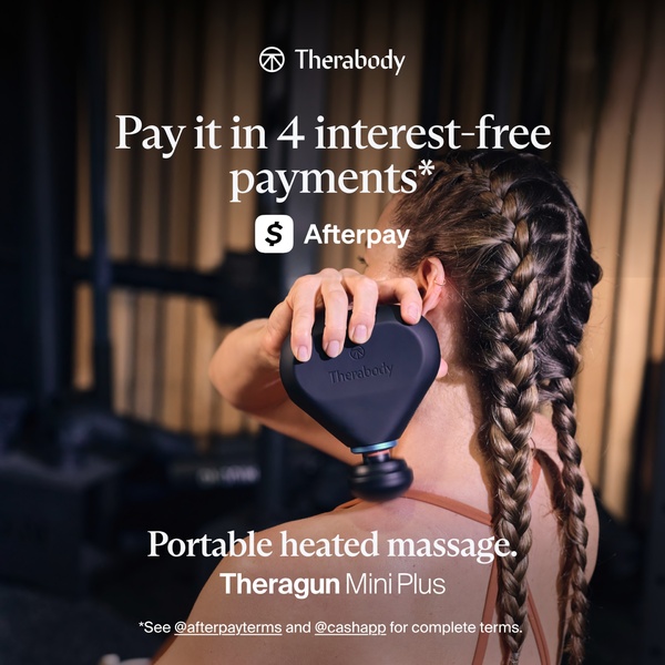 This ad creative features the Theragun Mini Plus in use while highlighting an interest-free payment option to lower the barrier to purchase.
