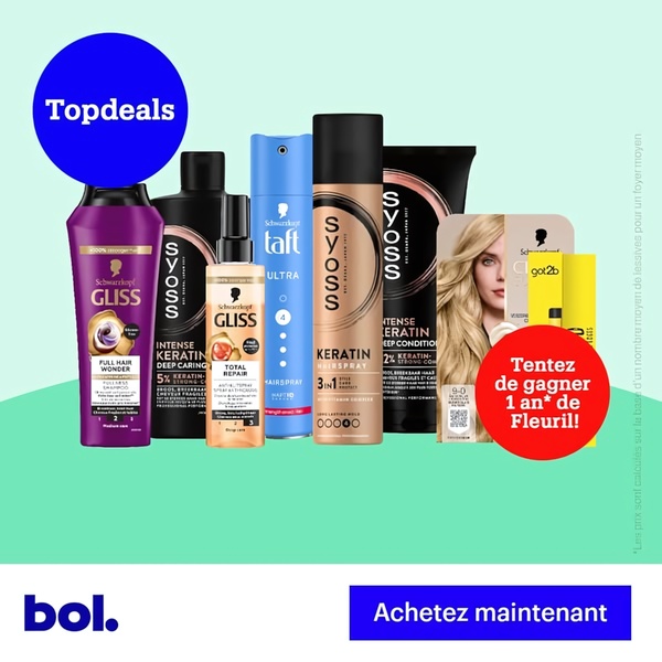A high-contrast, product-focused ad featuring a lineup of various hair care bottles with a clear sale offer and a bold 'Topdeals' incentive.