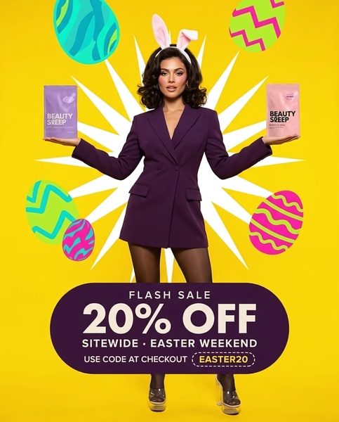 beauty products, cosmetics, skincare, makeup, beauty items, personal care products, sale promotion, modern typography, energetic, playful, yellow, purple, easter