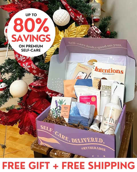A high-converting 4:5 social ad featuring an open subscription box under a Christmas tree, highlighting an 80% savings offer and a free gift incentive.