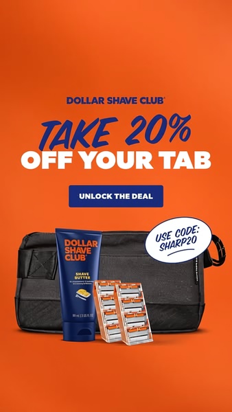 This static ad creative features a grooming kit, shaving butter, and razor blades with a bold 20% discount offer displayed on a vibrant orange background.