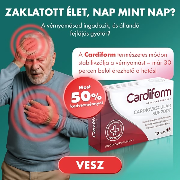 A 1:1 format advertisement featuring a man suffering from high blood pressure symptoms alongside the Cardiform supplement product packaging.