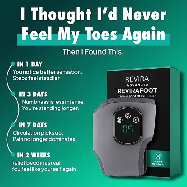 A 1:1 format ad creative that uses a clear 14-day progress timeline to demonstrate the effectiveness of a foot nerve relief wearable.