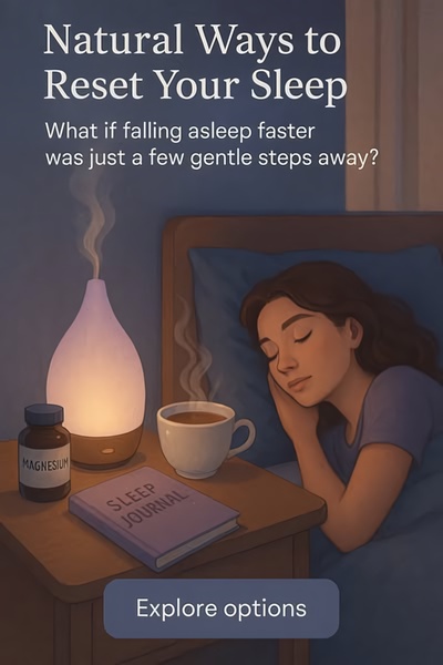 An illustrated creative featuring a relaxing bedtime scene with magnesium supplements, a diffuser, and a sleep journal.