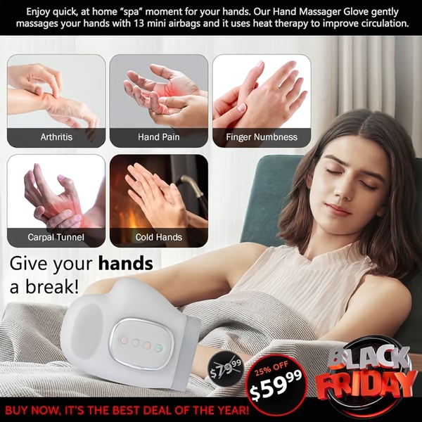A 1:1 image advertisement featuring a Hand Massager Glove using a multi-pane grid to visualize common hand pain points alongside the solution.