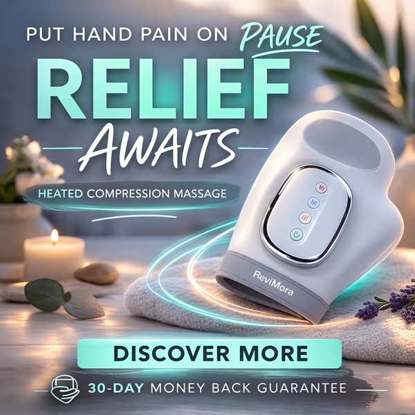 A 1:1 ratio ad creative showing a heated hand massager on a towel with soft lighting, emphasizing a solution-oriented pain relief message.