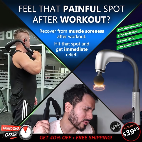 A square-format static ad showing a user finding relief from post-workout soreness using a targeted massage device with clear feature callouts.