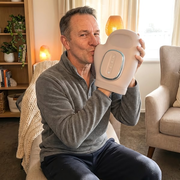 A close-up shot of an individual showing a deep, personal connection to a hand massager device in a comfortable home setting.