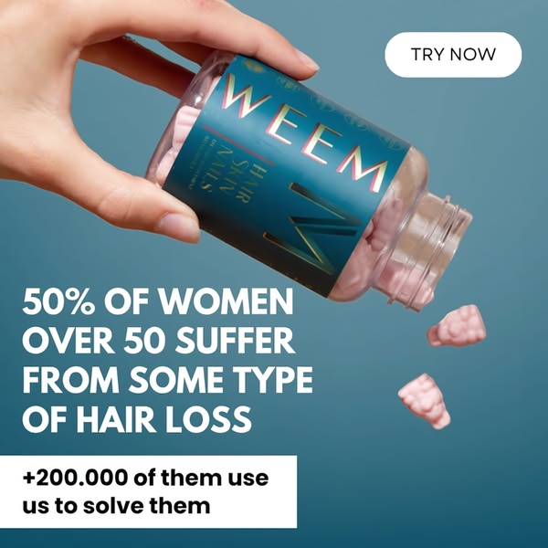 A high-contrast ad featuring a hand pouring supplement gummies, overlaid with a clear, authority-driven statistic about hair loss.
