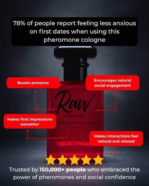 pheromone cologne, cologne, fragrance, perfume, body spray, scent, pheromone spray, social proof, product launch, minimalist, trustworthy, bold, red, neutral