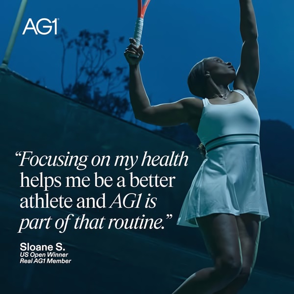 A high-contrast, atmospheric image of a professional tennis player in motion, paired with a direct brand testimonial about health routines.