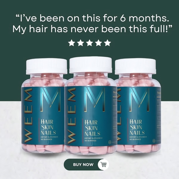 A high-contrast testimonial ad featuring three bottles of Hair Skin Nails gummies, highlighted by a direct customer quote and a five-star rating.
