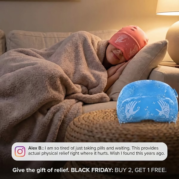 A testimonial-led ad showing a user finding relief with a thermal cap, emphasizing physical comfort over pills.
