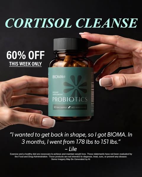 A high-contrast testimonial ad featuring a product bottle held by two hands, highlighting a weight loss success story with a clear discount offer.